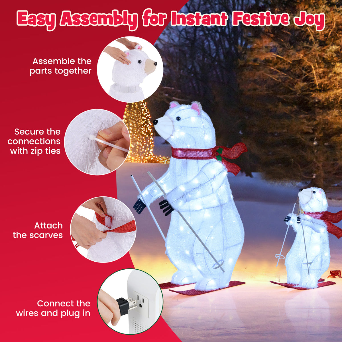 2 PCS Animated Skiing Polar Bears Pre-lit Christmas Bear Decoration with Skiing Motion-Christmas Decorations & Accessories-DECOROLALA
