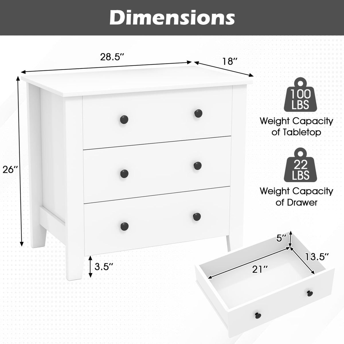 2-Pack 3-Drawer Dresser Chest - White (min order qty 2)-Dressers & Chests-DECOROLALA