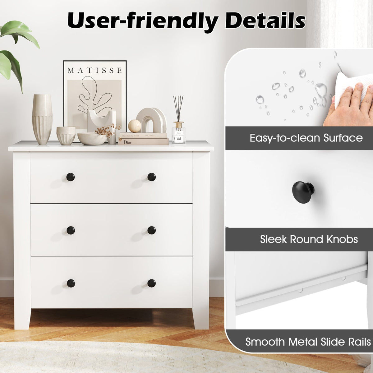 2-Pack 3-Drawer Dresser Chest - White (min order qty 2)-Dressers & Chests-DECOROLALA