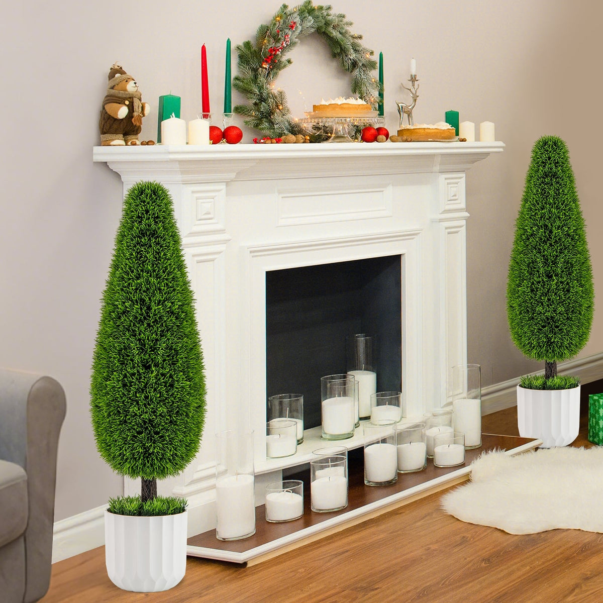 2 Pack 3 Feet Artificial Cedar Teardrop Shaped Bush with Plastic Nursery Pot-Green-Artificial Plants-DECOROLALA