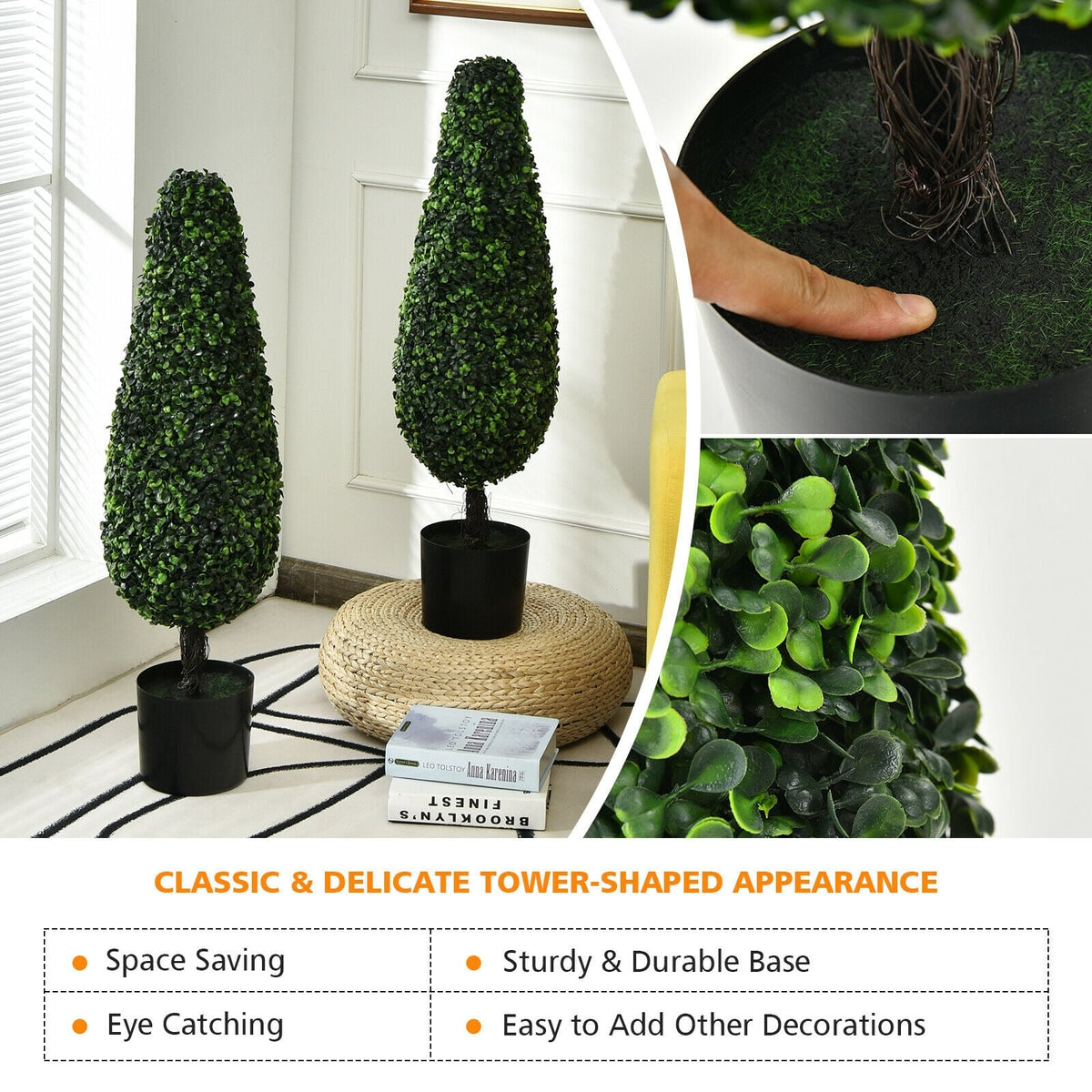 2 Pack 3 Feet Artificial Tower UV Resistant Indoor Outdoor Topiary Tree-Artificial Plants-DECOROLALA
