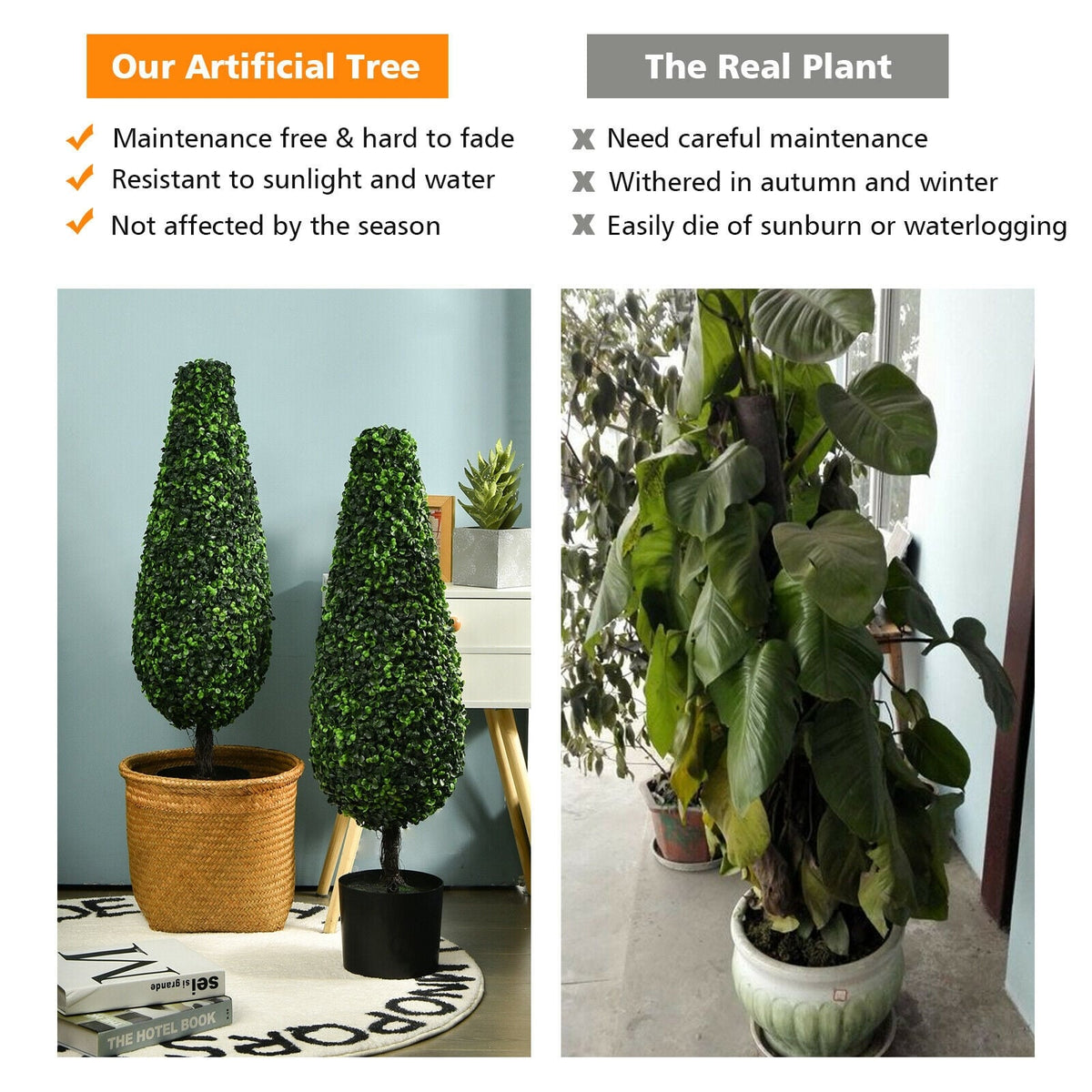 2 Pack 3 Feet Artificial Tower UV Resistant Indoor Outdoor Topiary Tree-Artificial Plants-DECOROLALA