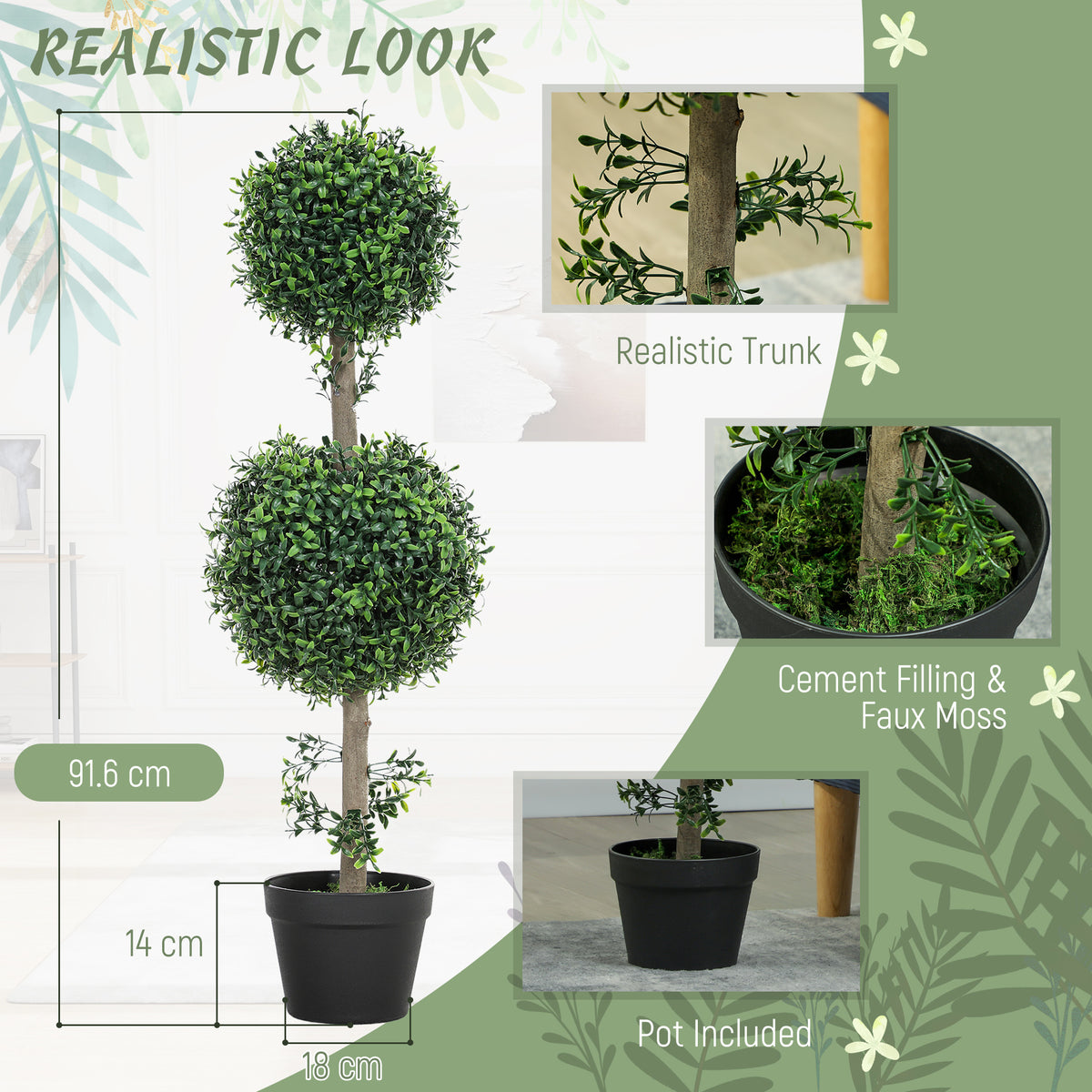 2 Pack 36.1" Artificial Trees, Boxwood Topiary Ball Trees with Pot for Indoor, Outdoor, Home Office, Living Room, Green-Artificial Trees-DECOROLALA