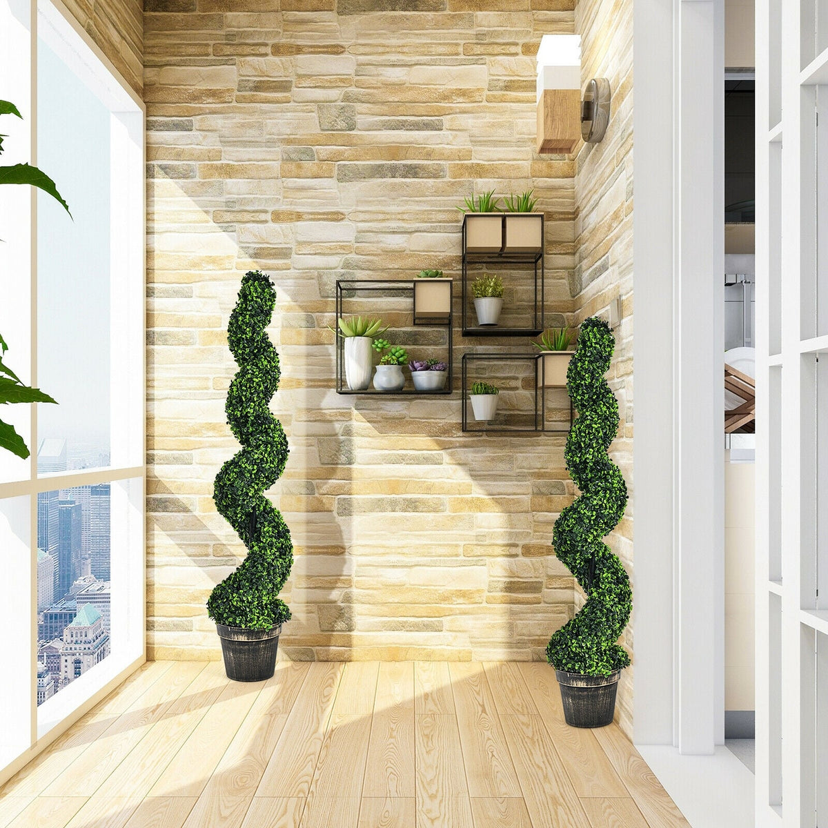 2 Pack 4 Feet Artificial Spiral Boxwood Topiary Indoor Outdoor Decor-Artificial Plants-DECOROLALA