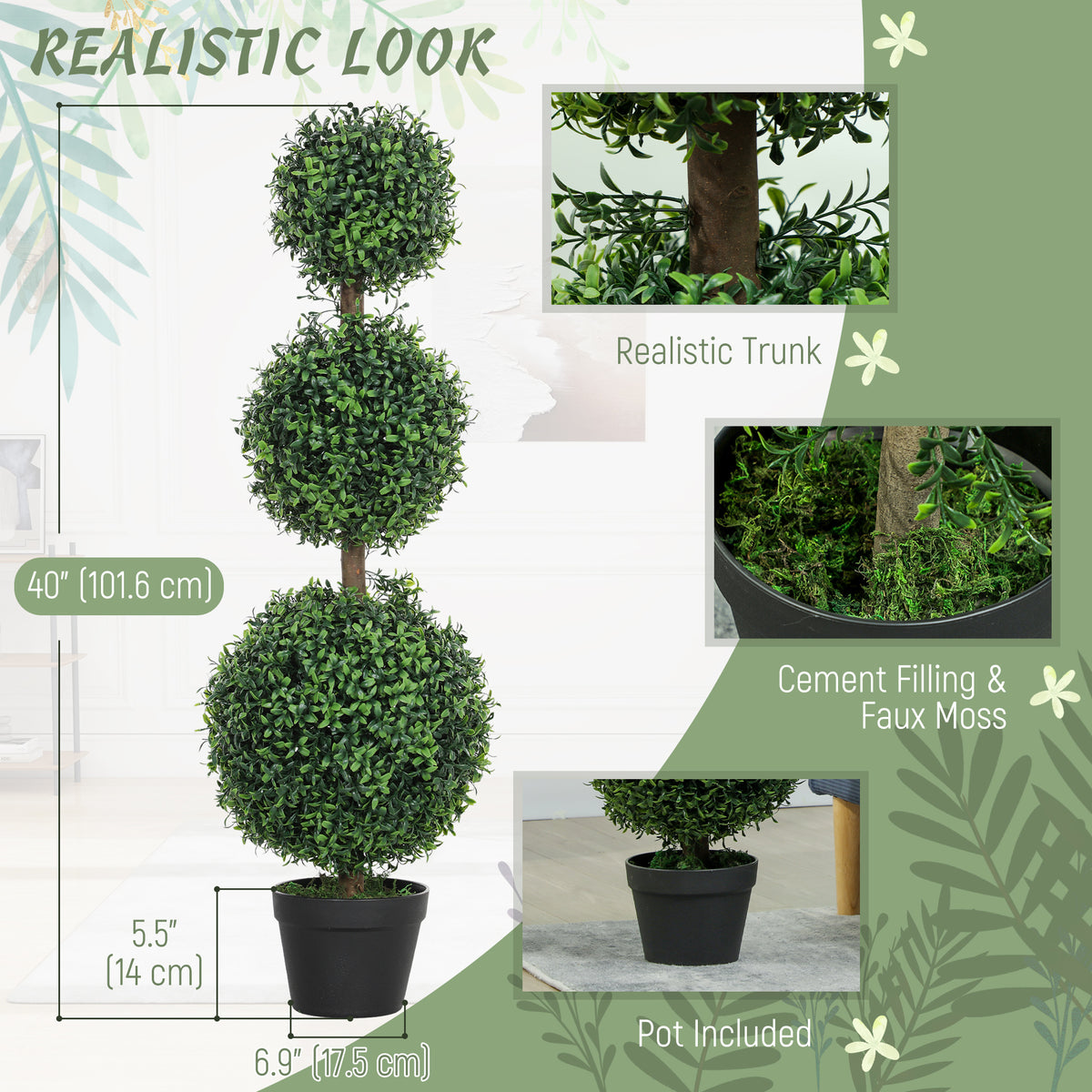 2 Pack 40" Artificial Trees, Boxwood Topiary Ball Trees with Pot for Indoor, Outdoor, Home Office, Living Room, Green-Artificial Trees-DECOROLALA
