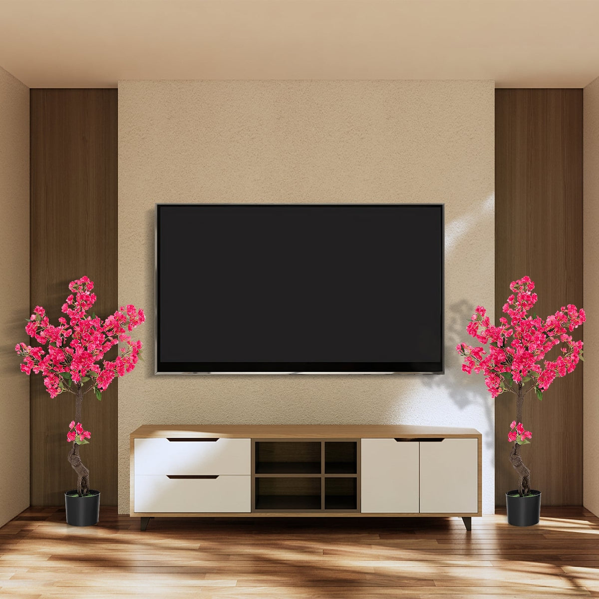 2 Pack 41 Inch Artificial Plum Blossom Tree Fake Floral Plant with 92 Flowers-Red-Artificial Plants-DECOROLALA