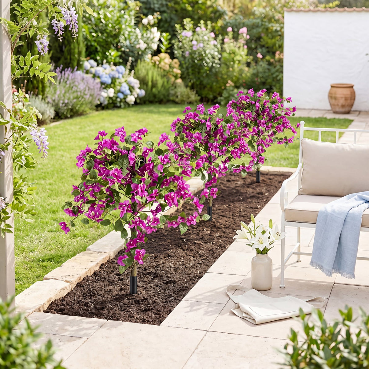 2 Pack Artificial Bougainvillea Trees with Ground Spike and PE Trunks for Porch-Artificial Plants-DECOROLALA