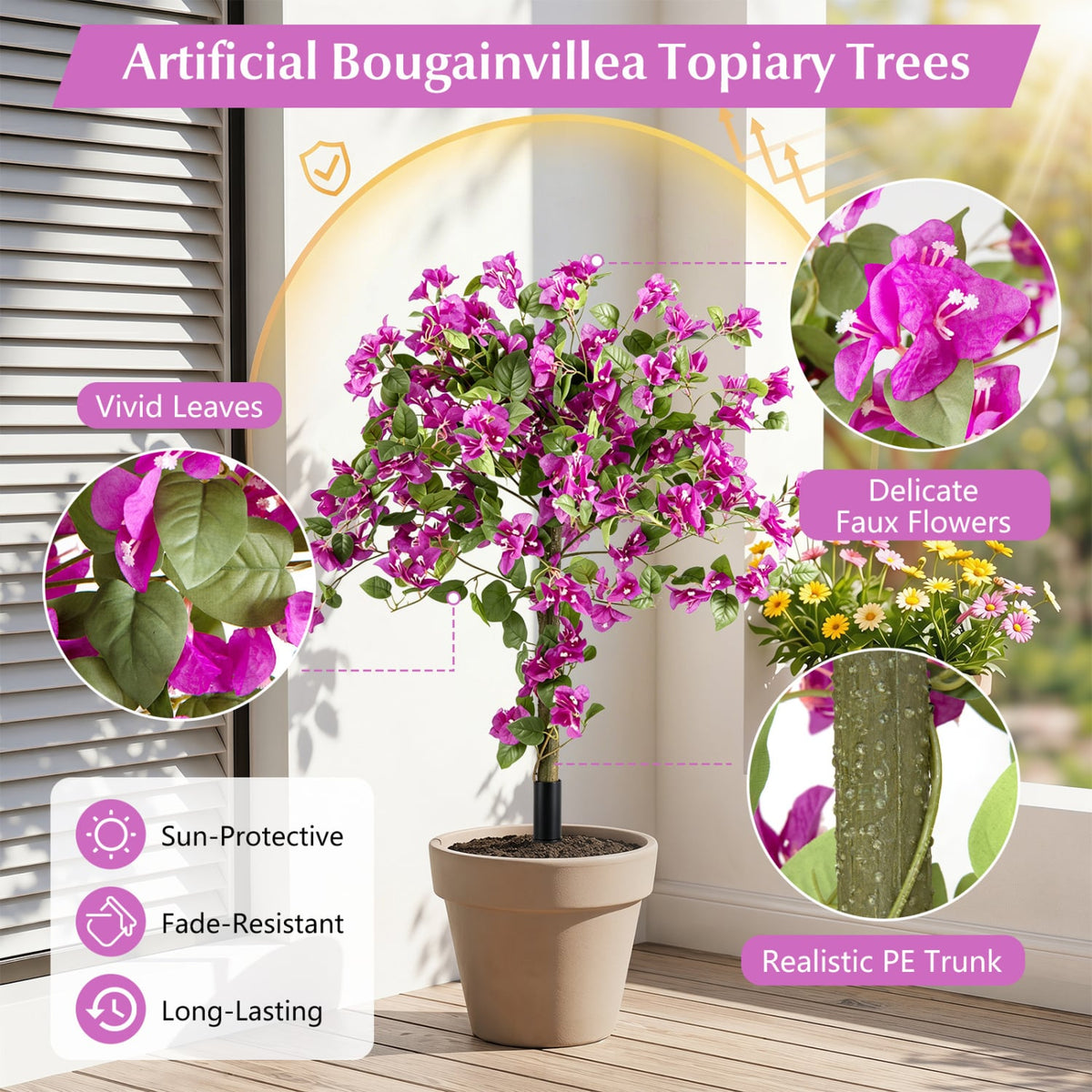 2 Pack Artificial Bougainvillea Trees with Ground Spike and PE Trunks for Porch-Artificial Plants-DECOROLALA
