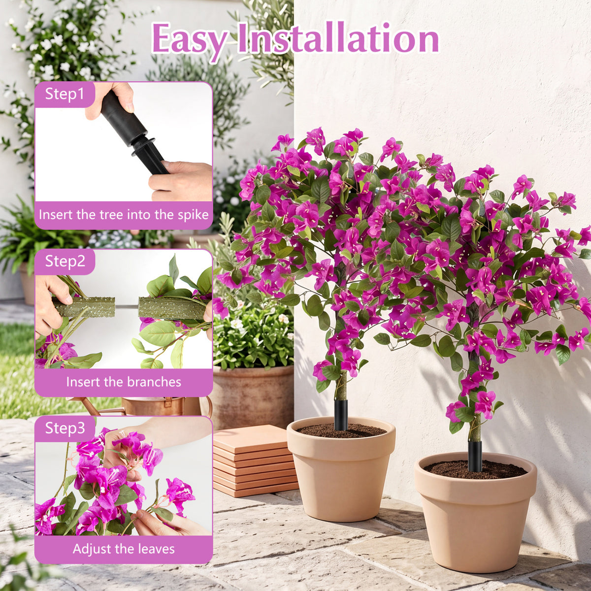 2 Pack Artificial Bougainvillea Trees with Ground Spike and PE Trunks for Porch-Artificial Plants-DECOROLALA