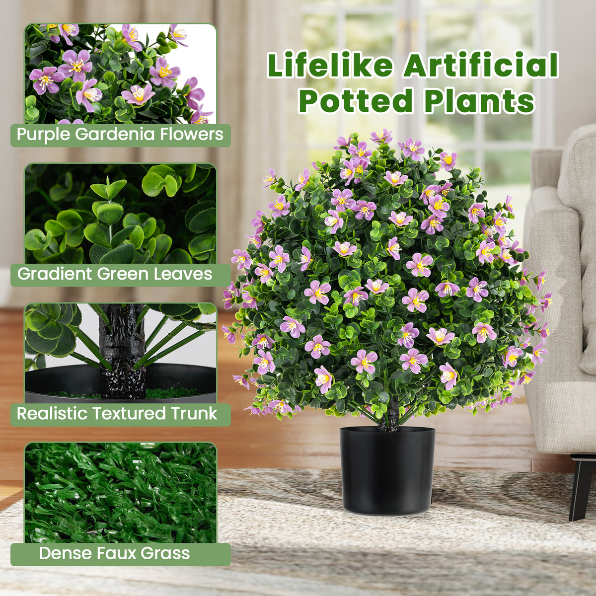 2 Pack Artificial Boxwood Topiary Ball Tree Faux Shrub Bushes with Flowers-Purple-Artificial Plants-DECOROLALA