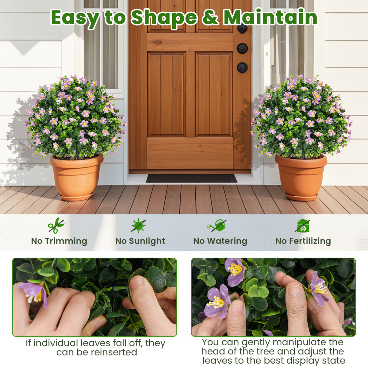 2 Pack Artificial Boxwood Topiary Ball Tree Faux Shrub Bushes with Flowers-Purple-Artificial Plants-DECOROLALA