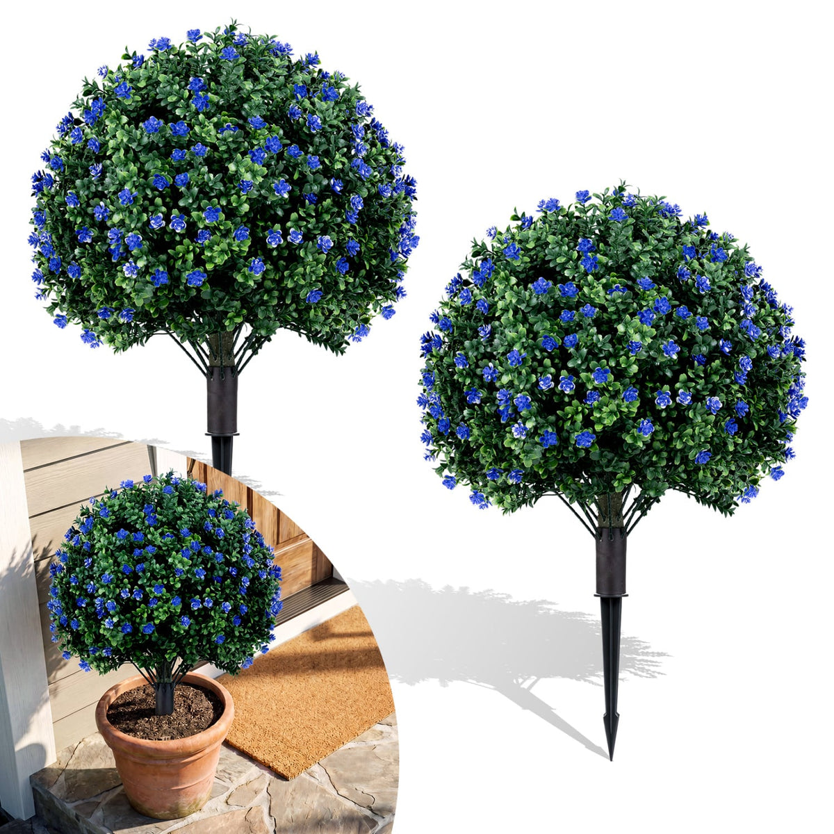 2 Pack Artificial Camellia Boxwood Topiary Ball Trees 27.5 Inches Faux Floral Shrubs-Artificial Plants-DECOROLALA