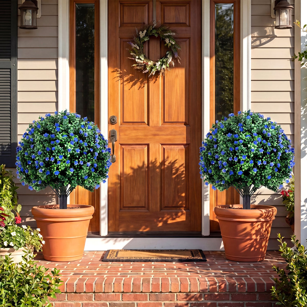2 Pack Artificial Camellia Boxwood Topiary Ball Trees 27.5 Inches Faux Floral Shrubs-Artificial Plants-DECOROLALA