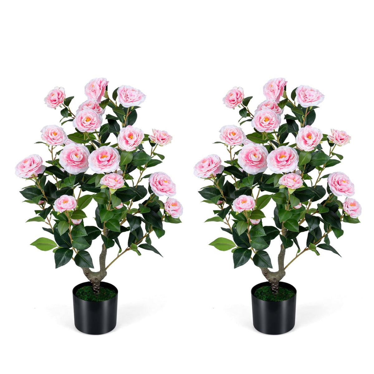 2-Pack Artificial Camellia Tree Faux Flower Plant in Cement-Filled Pot-Pink-Artificial Plants-DECOROLALA