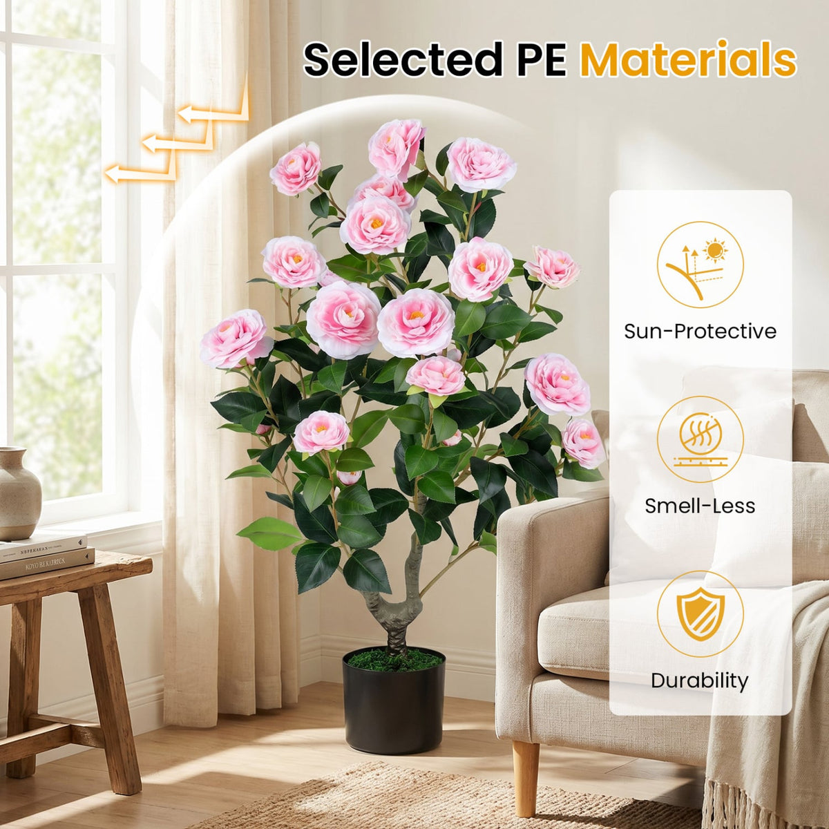 2-Pack Artificial Camellia Tree Faux Flower Plant in Cement-Filled Pot-Pink-Artificial Plants-DECOROLALA
