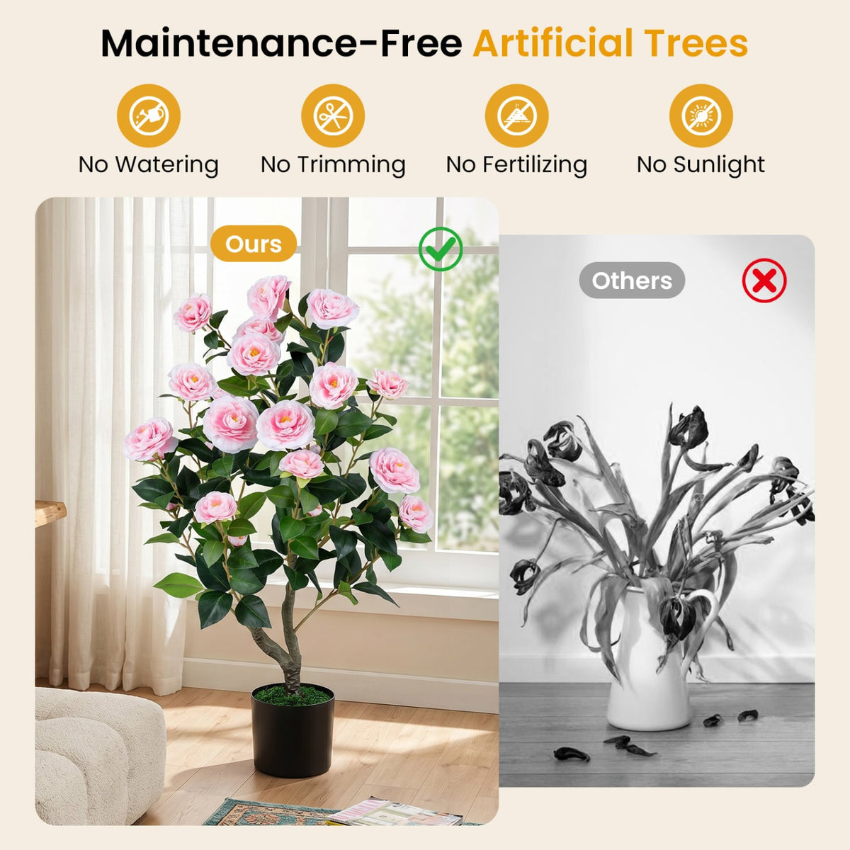 2-Pack Artificial Camellia Tree Faux Flower Plant in Cement-Filled Pot-Pink-Artificial Plants-DECOROLALA