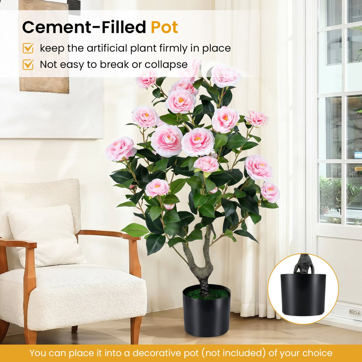 2-Pack Artificial Camellia Tree Faux Flower Plant in Cement-Filled Pot-Pink-Artificial Plants-DECOROLALA