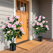 2-Pack Artificial Camellia Tree Faux Flower Plant in Cement-Filled Pot-Pink-Artificial Plants-DECOROLALA