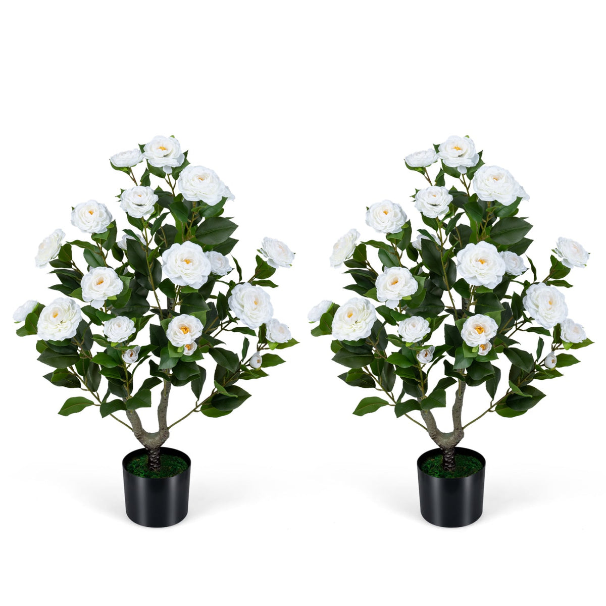 2-Pack Artificial Camellia Tree Faux Flower Plant in Cement-Filled Pot-White-Artificial Plants-DECOROLALA