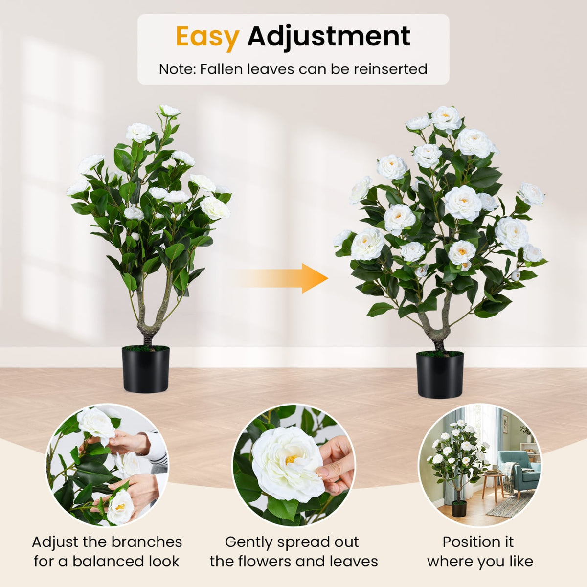 2-Pack Artificial Camellia Tree Faux Flower Plant in Cement-Filled Pot-White-Artificial Plants-DECOROLALA