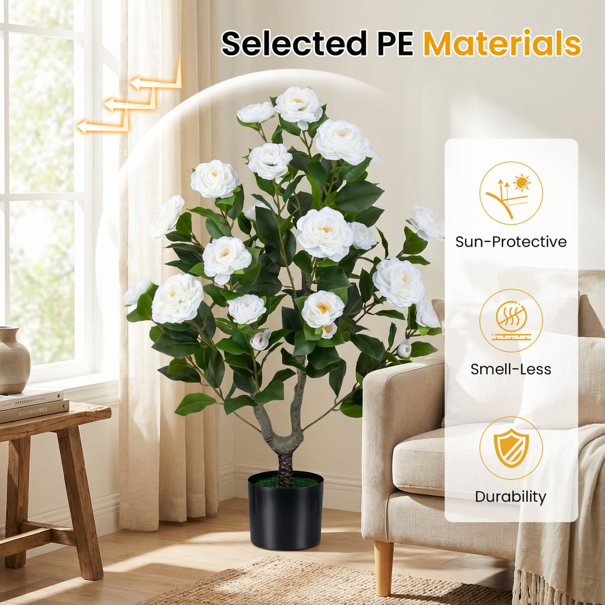 2-Pack Artificial Camellia Tree Faux Flower Plant in Cement-Filled Pot-White-Artificial Plants-DECOROLALA