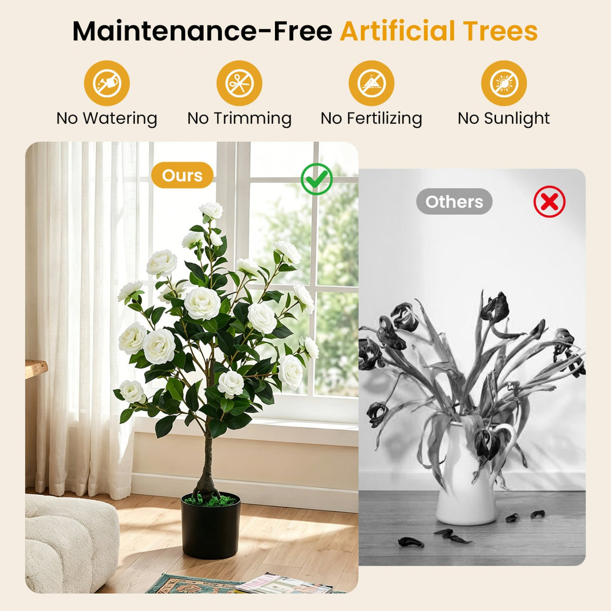 2-Pack Artificial Camellia Tree Faux Flower Plant in Cement-Filled Pot-White-Artificial Plants-DECOROLALA
