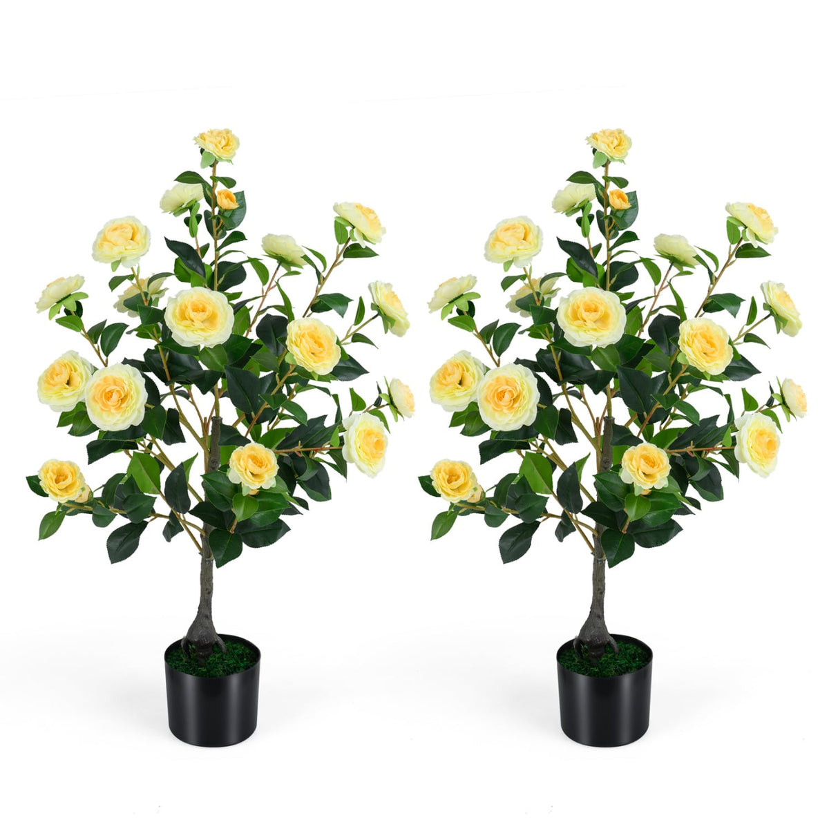 2-Pack Artificial Camellia Tree Faux Flower Plant in Cement-Filled Pot-Yellow-Artificial Plants-DECOROLALA
