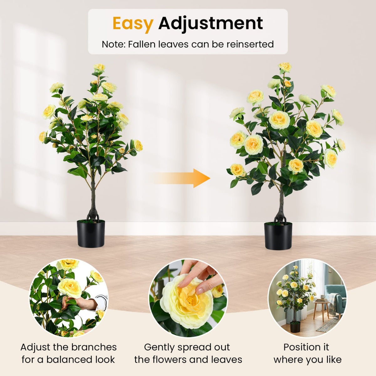 2-Pack Artificial Camellia Tree Faux Flower Plant in Cement-Filled Pot-Yellow-Artificial Plants-DECOROLALA