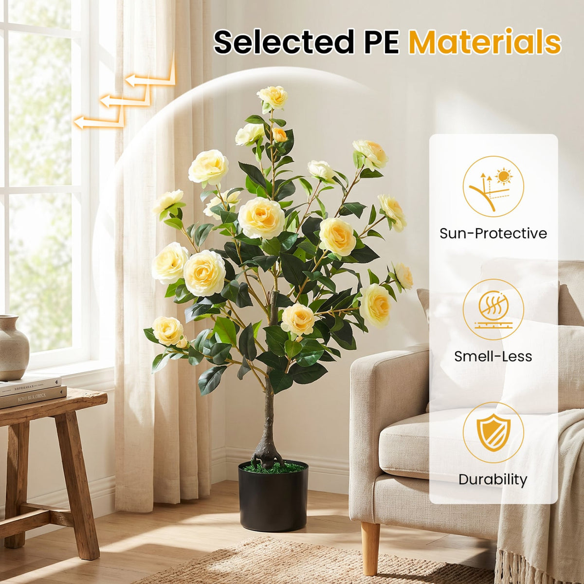 2-Pack Artificial Camellia Tree Faux Flower Plant in Cement-Filled Pot-Yellow-Artificial Plants-DECOROLALA