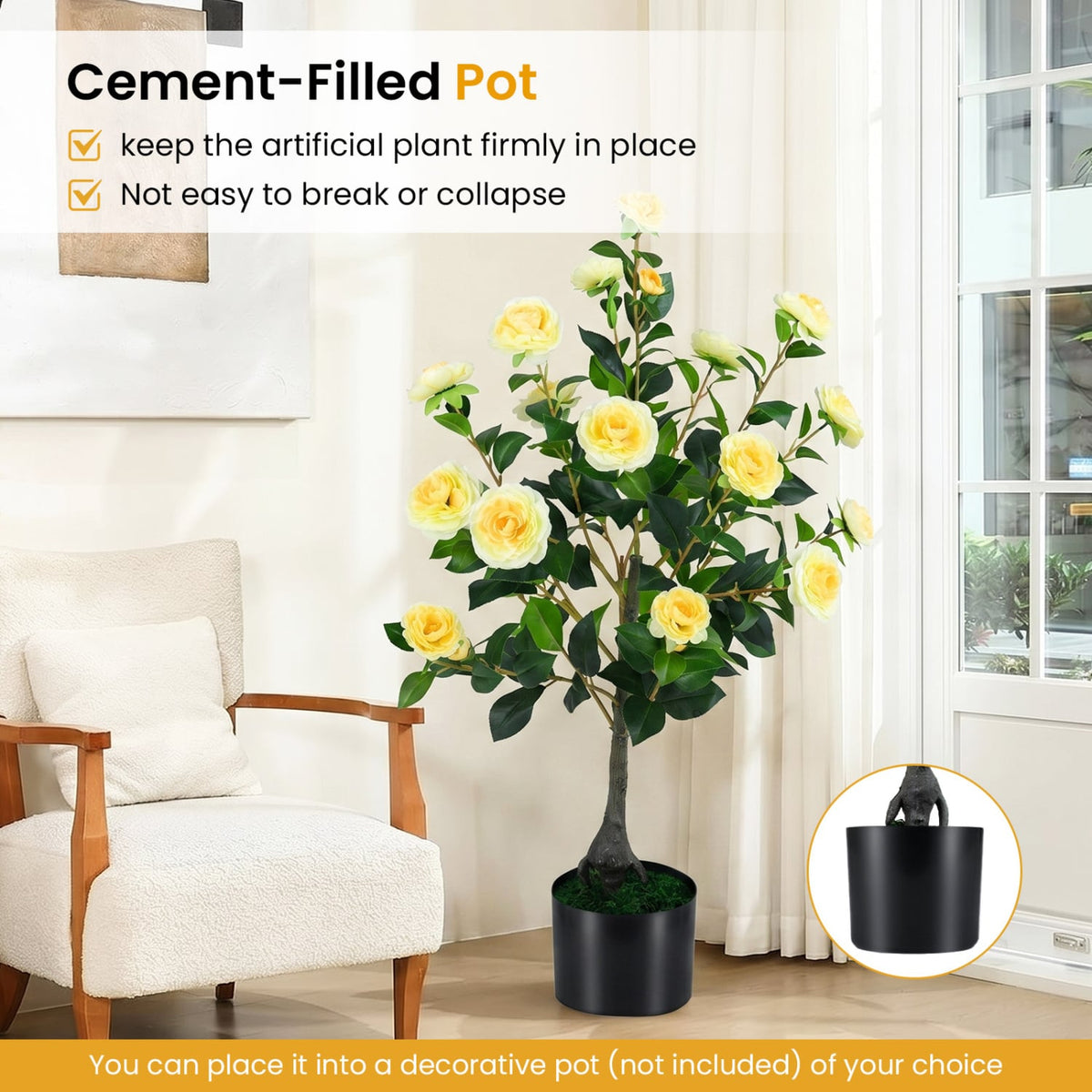 2-Pack Artificial Camellia Tree Faux Flower Plant in Cement-Filled Pot-Yellow-Artificial Plants-DECOROLALA