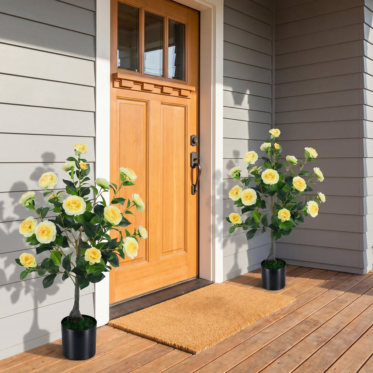 2-Pack Artificial Camellia Tree Faux Flower Plant in Cement-Filled Pot-Yellow-Artificial Plants-DECOROLALA