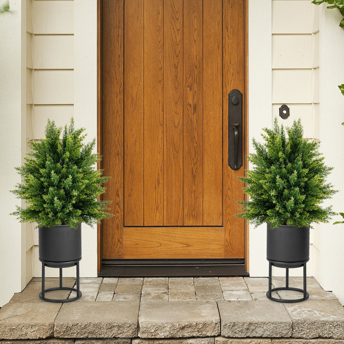 2-Pack Artificial Cedar Topiary Ball Tree with Cement Pot-Artificial Plants-DECOROLALA