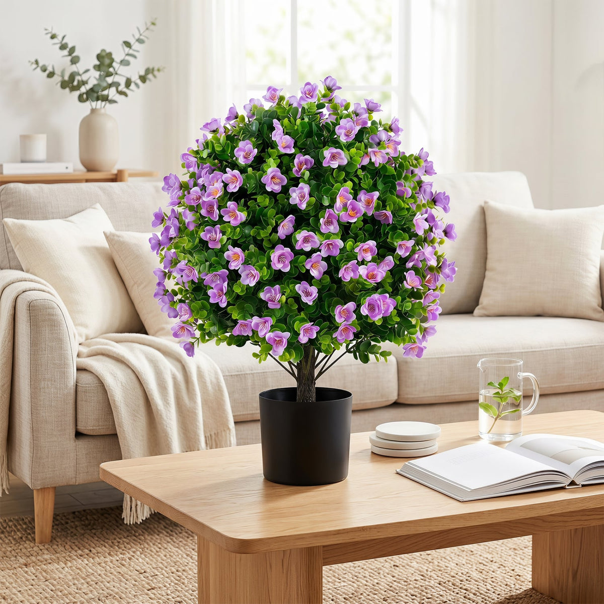 2 Pack Artificial Eucalyptus Topiary Trees with Flowers and Cement Planter for Home-Purple-Artificial Plants-DECOROLALA