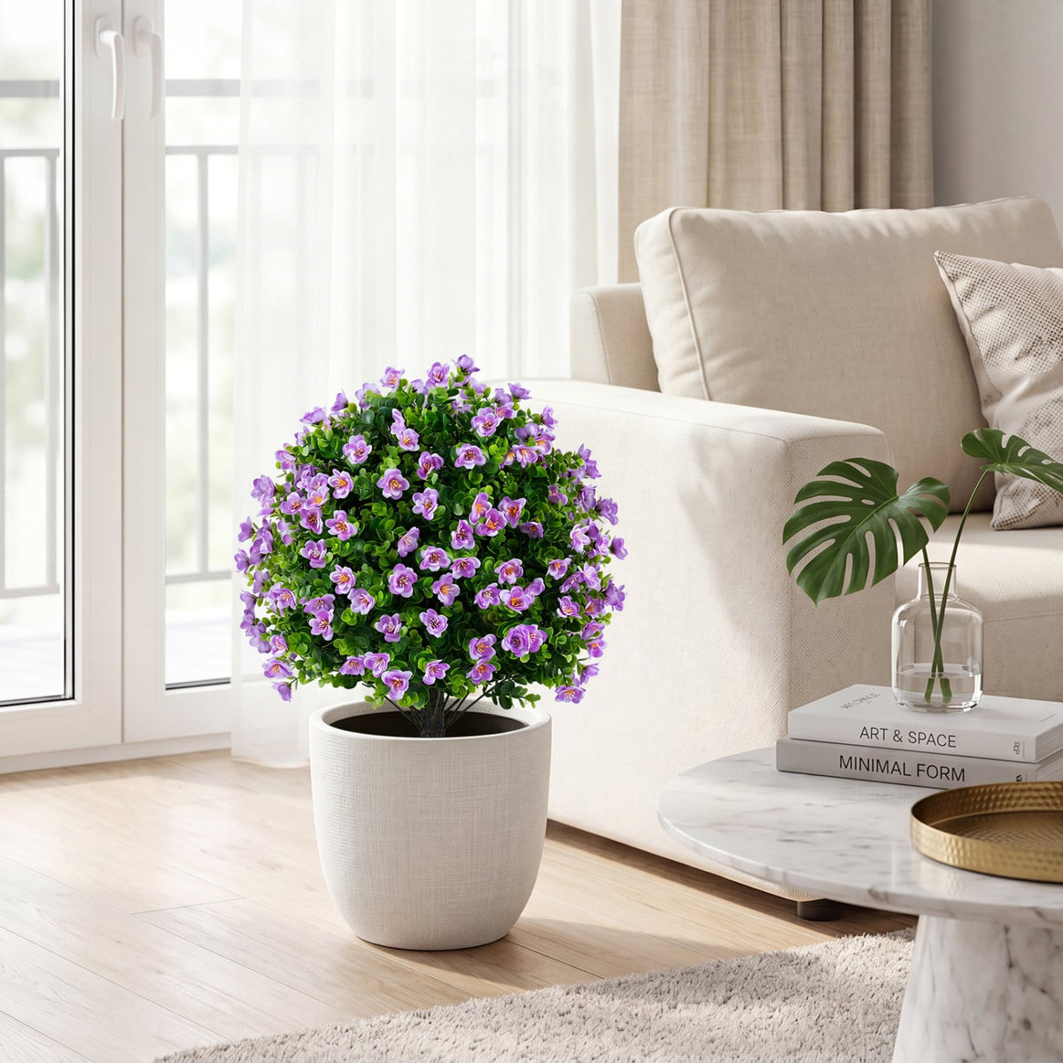 2 Pack Artificial Eucalyptus Topiary Trees with Flowers and Cement Planter for Home-Purple-Artificial Plants-DECOROLALA