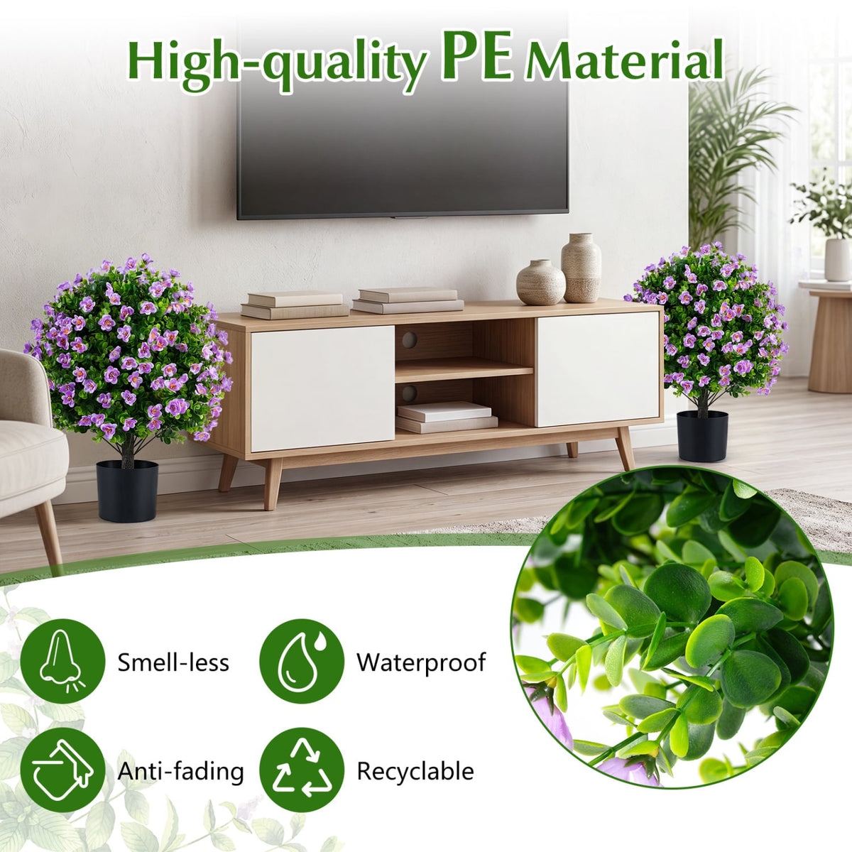 2 Pack Artificial Eucalyptus Topiary Trees with Flowers and Cement Planter for Home-Purple-Artificial Plants-DECOROLALA