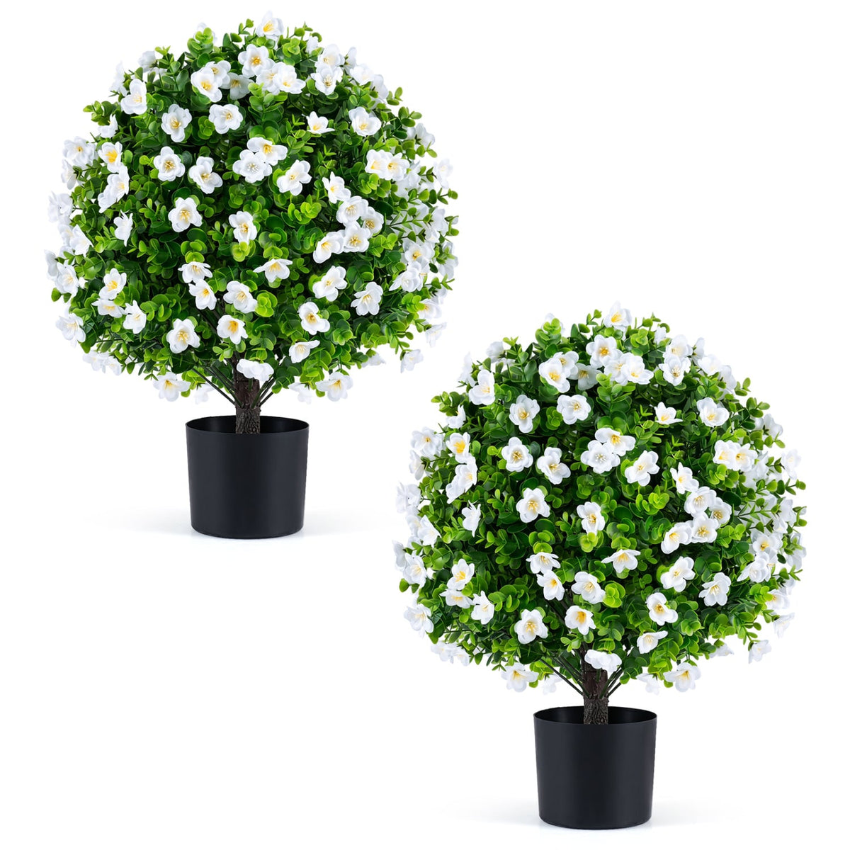 2 Pack Artificial Eucalyptus Topiary Trees with Flowers and Cement Planter for Home-White-Artificial Plants-DECOROLALA