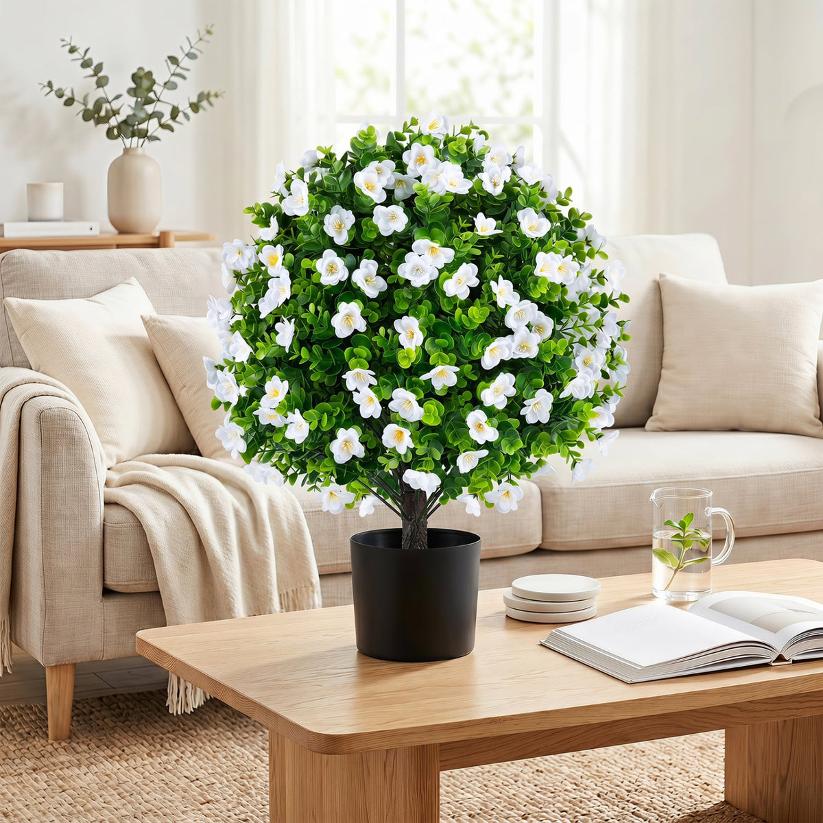 2 Pack Artificial Eucalyptus Topiary Trees with Flowers and Cement Planter for Home-White-Artificial Plants-DECOROLALA
