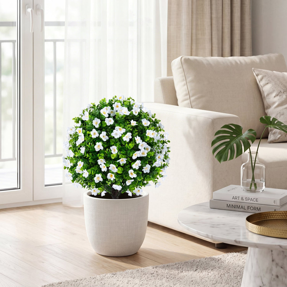 2 Pack Artificial Eucalyptus Topiary Trees with Flowers and Cement Planter for Home-White-Artificial Plants-DECOROLALA
