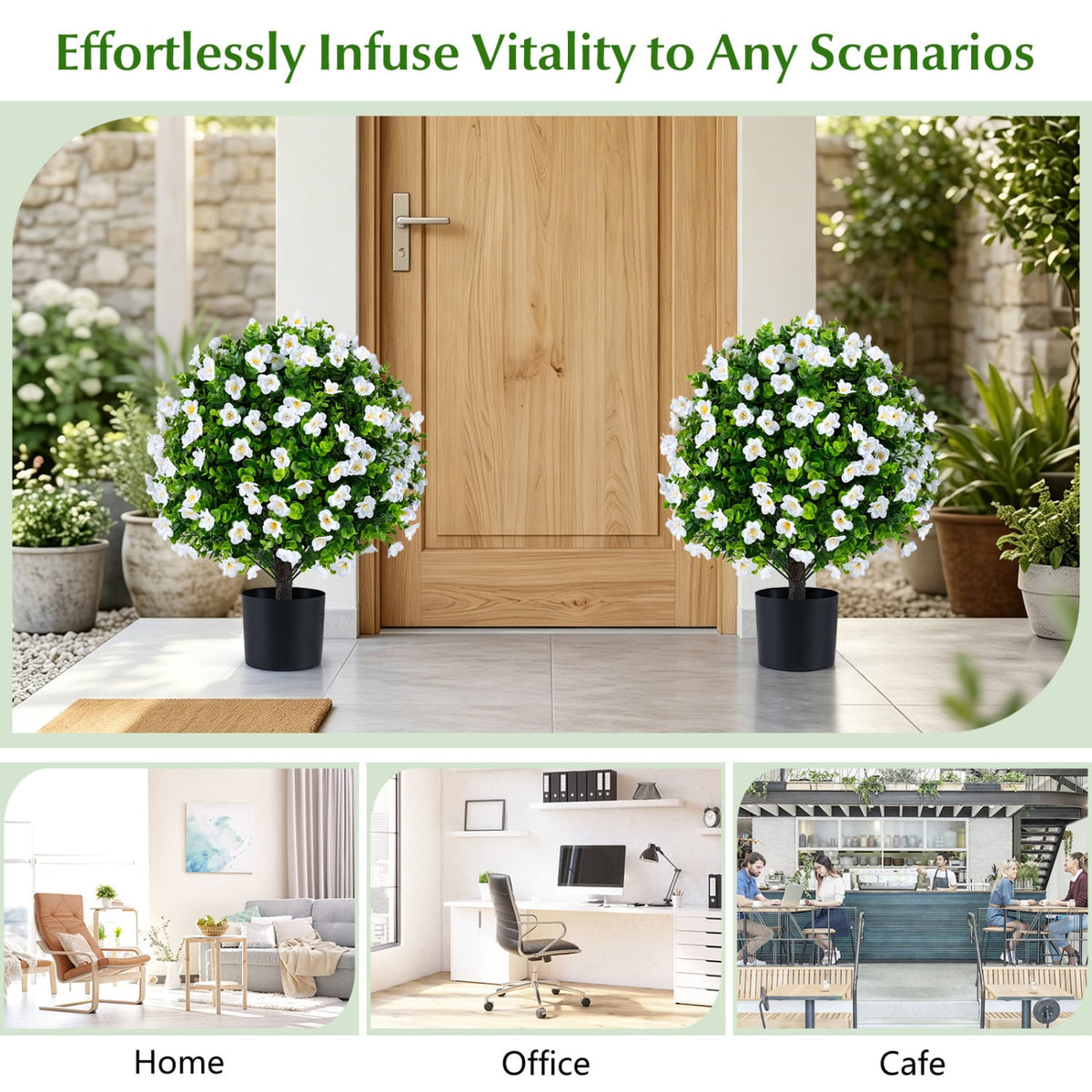 2 Pack Artificial Eucalyptus Topiary Trees with Flowers and Cement Planter for Home-White-Artificial Plants-DECOROLALA