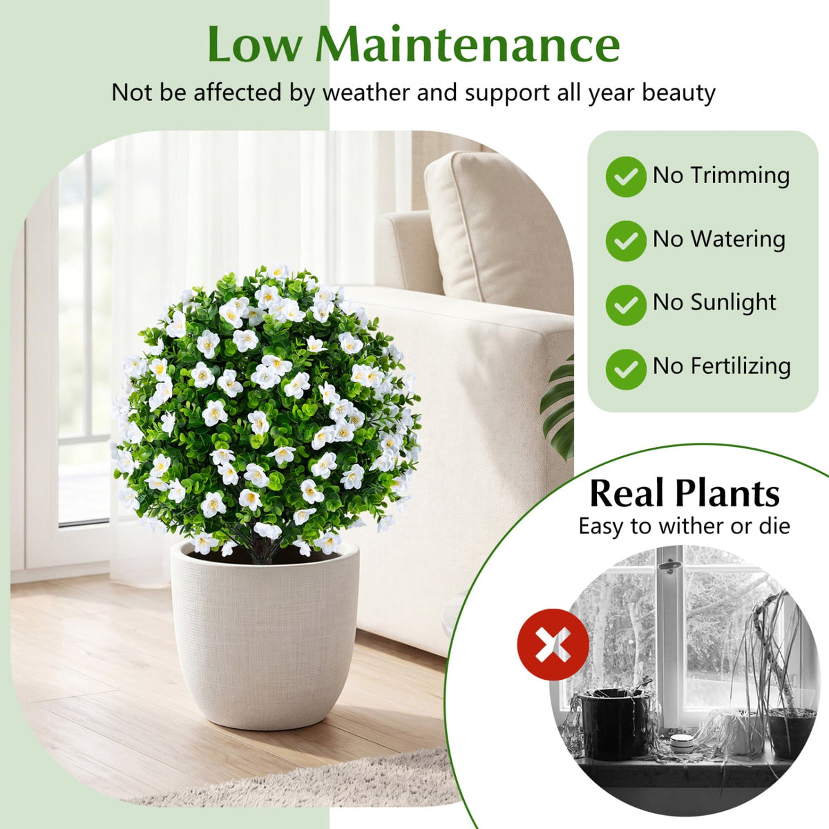 2 Pack Artificial Eucalyptus Topiary Trees with Flowers and Cement Planter for Home-White-Artificial Plants-DECOROLALA
