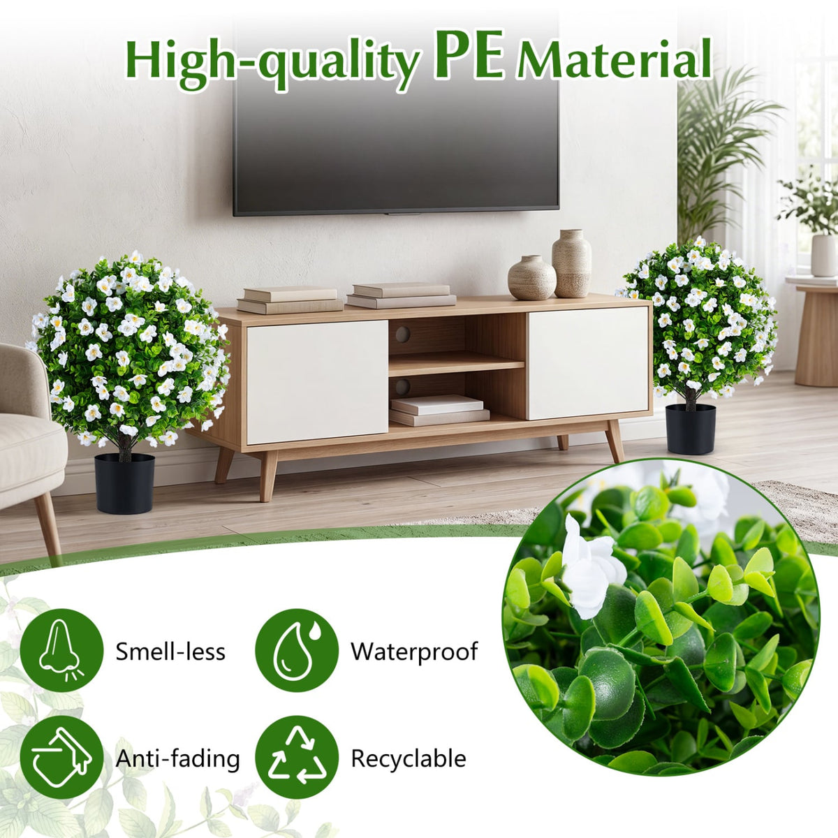 2 Pack Artificial Eucalyptus Topiary Trees with Flowers and Cement Planter for Home-White-Artificial Plants-DECOROLALA