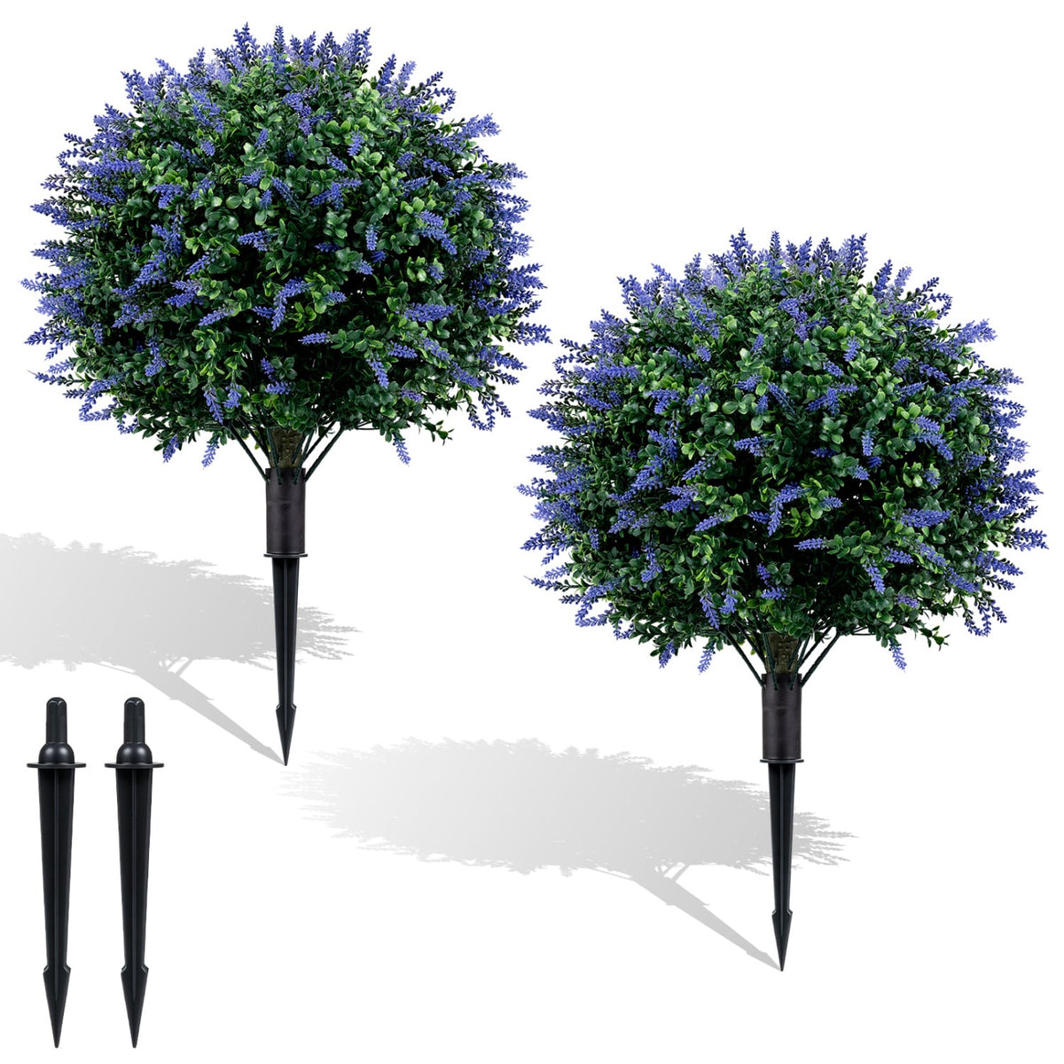 2 Pack Artificial Lavender Boxwood Topiary Ball Trees with Ground Spikes-Artificial Plants-DECOROLALA