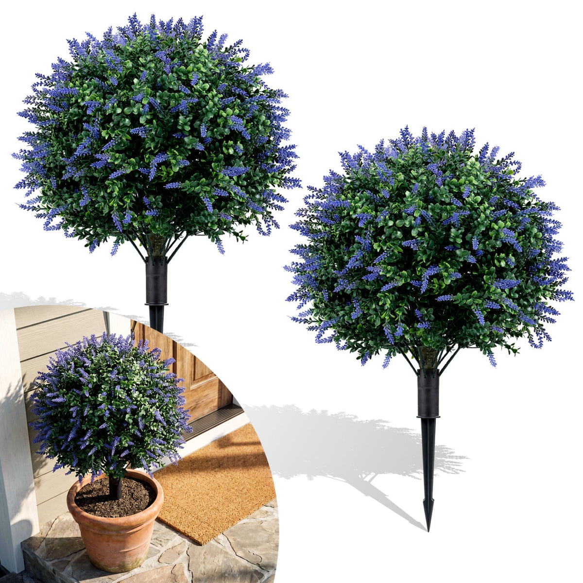 2 Pack Artificial Lavender Boxwood Topiary Ball Trees with Ground Spikes-Artificial Plants-DECOROLALA