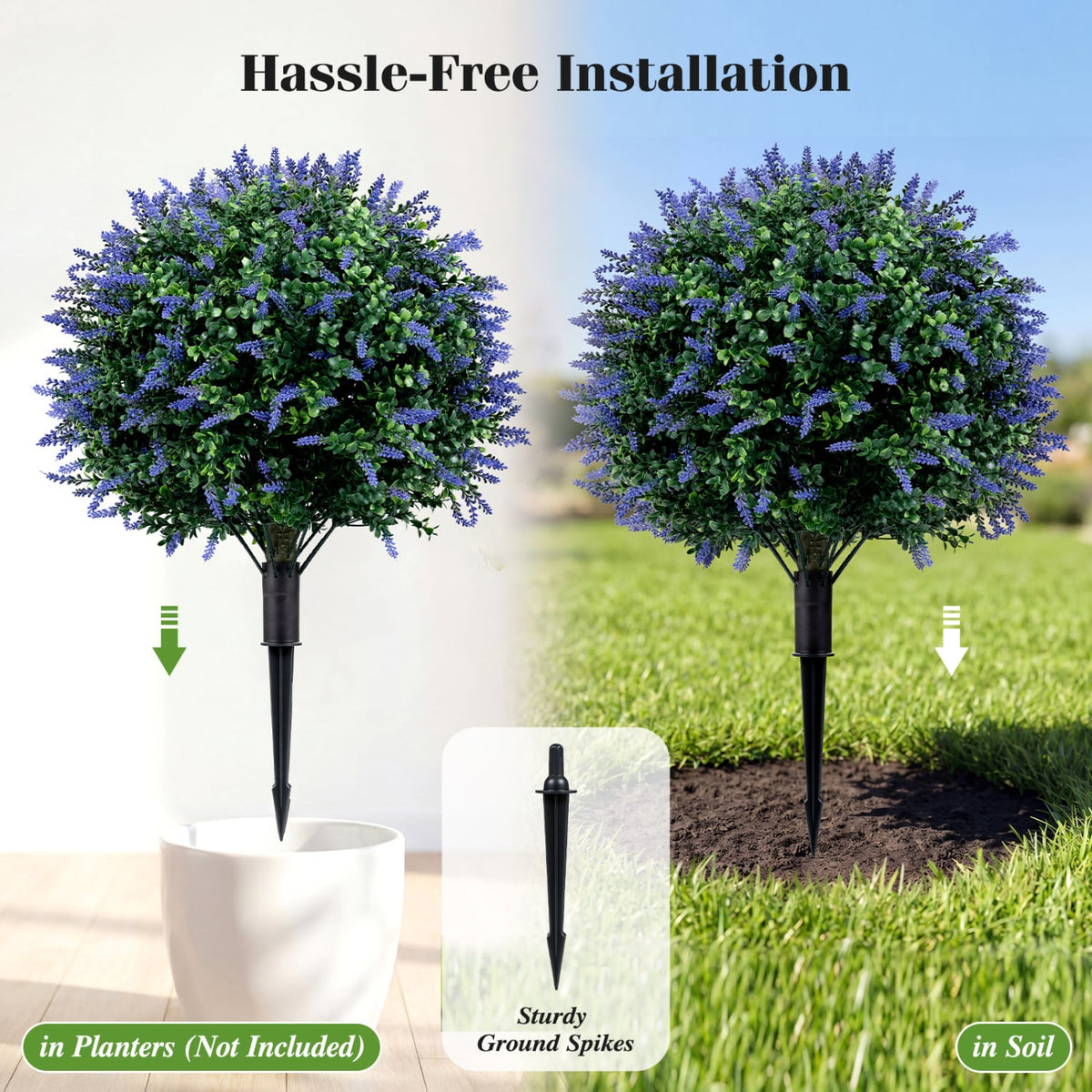 2 Pack Artificial Lavender Boxwood Topiary Ball Trees with Ground Spikes-Artificial Plants-DECOROLALA