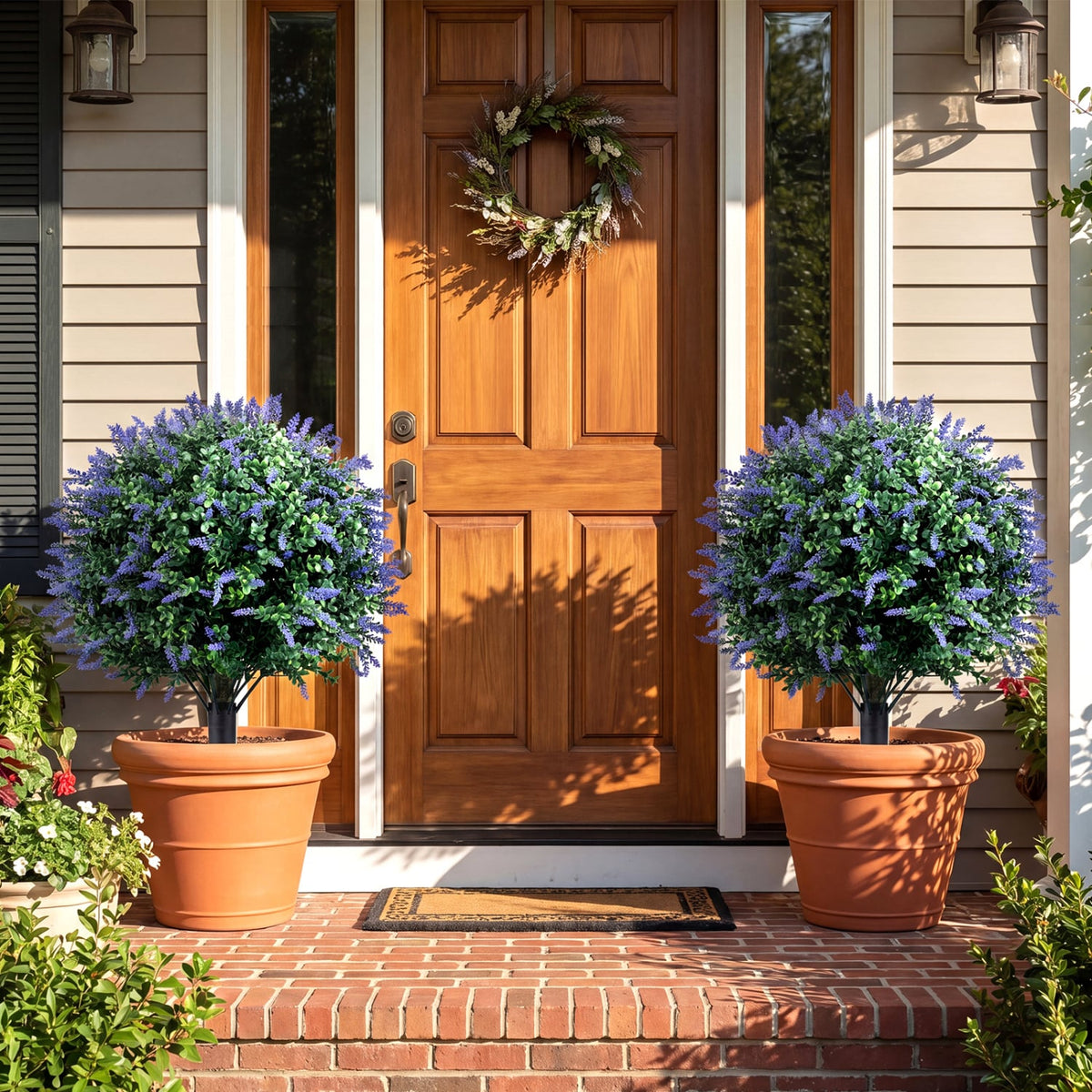 2 Pack Artificial Lavender Boxwood Topiary Ball Trees with Ground Spikes-Artificial Plants-DECOROLALA