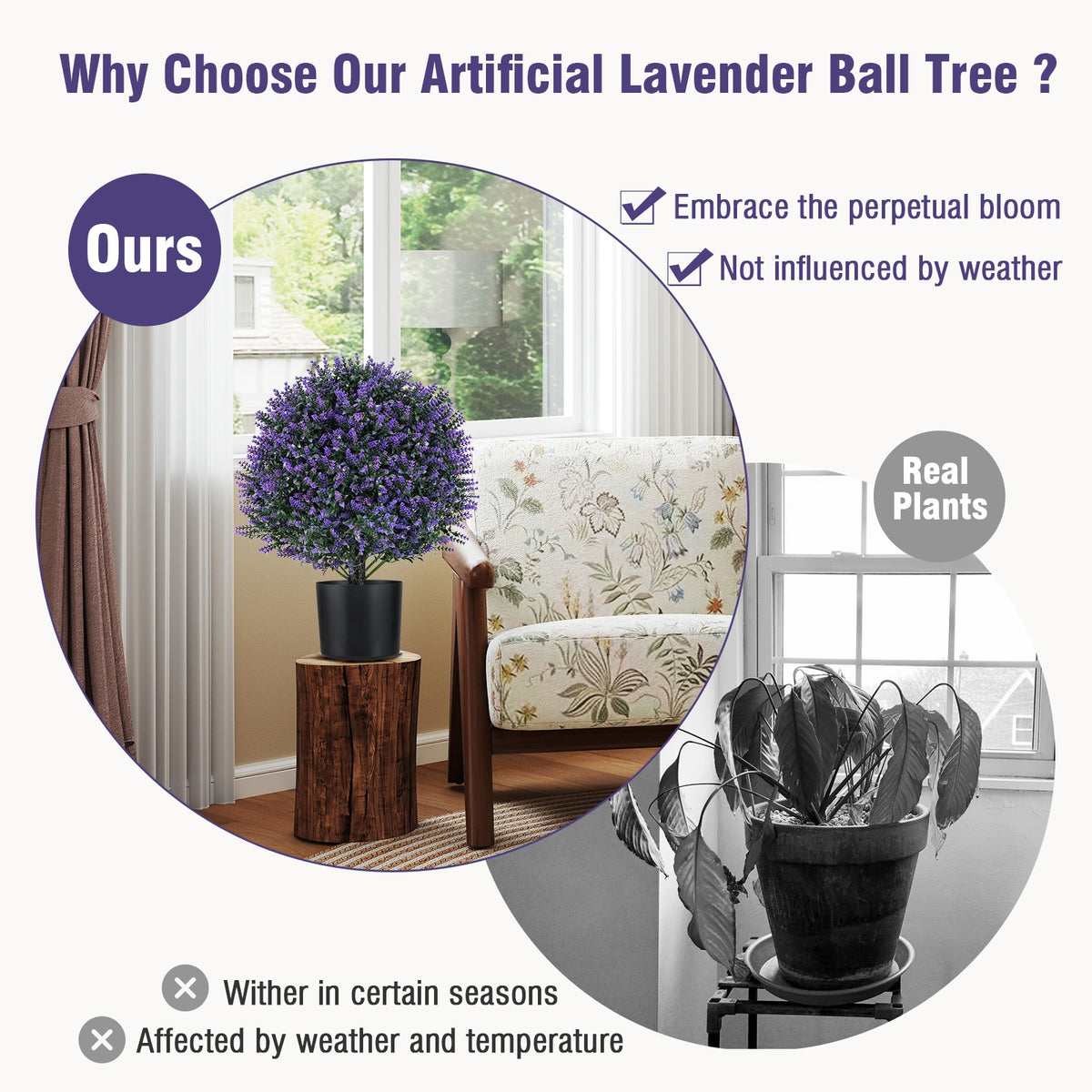 2 Pack Artificial Lavender Topiary Ball Tree Faux Shrub Bushes with Flowers-Purple-Artificial Plants-DECOROLALA