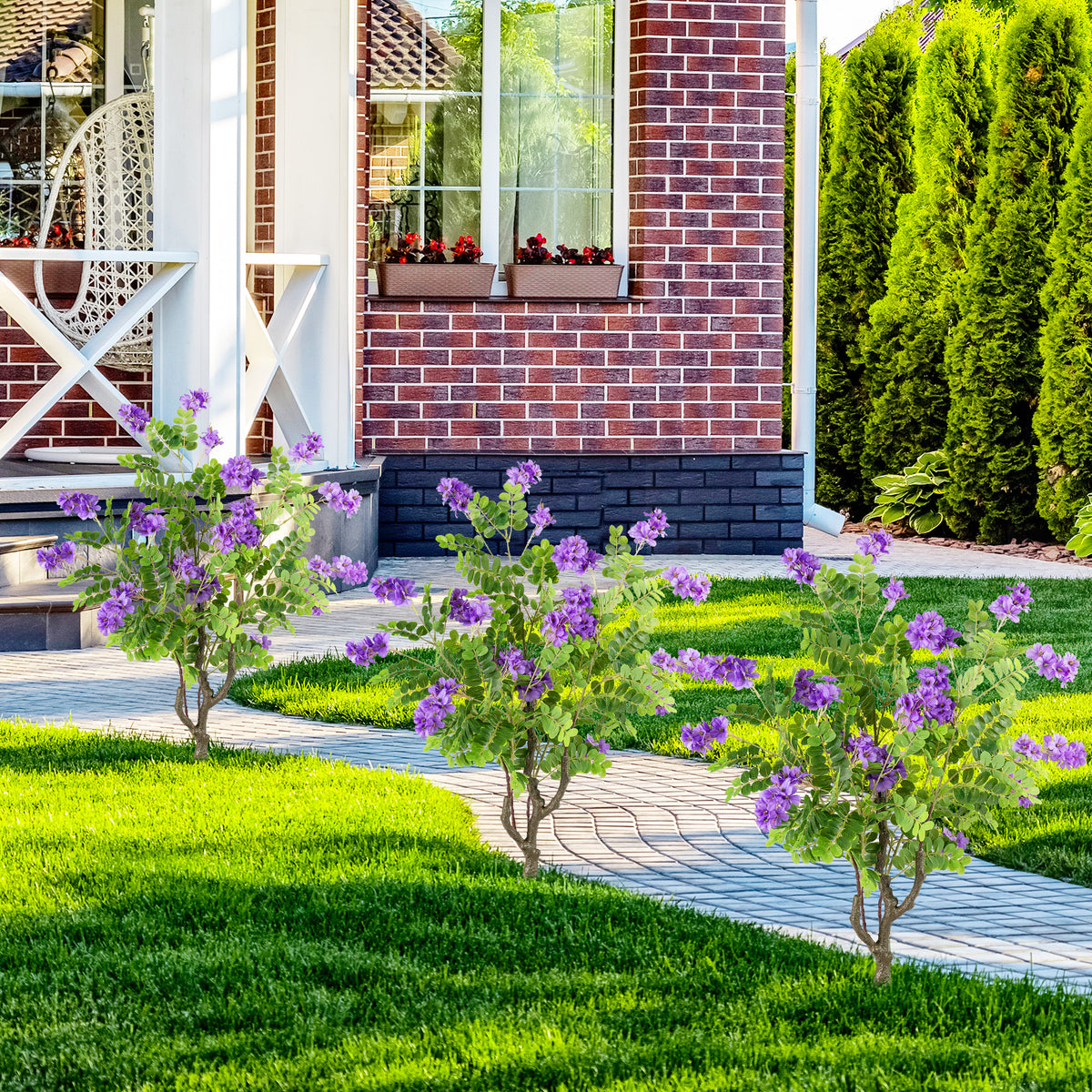 2 Pack Artificial Locust Flower Trees 39 Inch Fake Evergreen Shrubs with Ground Spikes-Purple-Artificial Plants-DECOROLALA