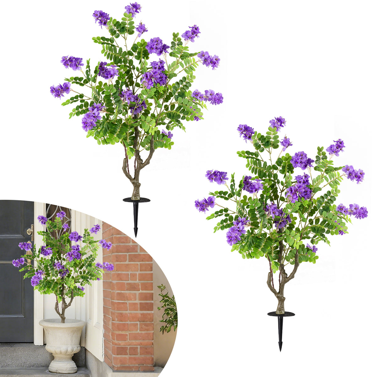 2 Pack Artificial Locust Flower Trees 39 Inch Fake Evergreen Shrubs with Ground Spikes-Purple-Artificial Plants-DECOROLALA