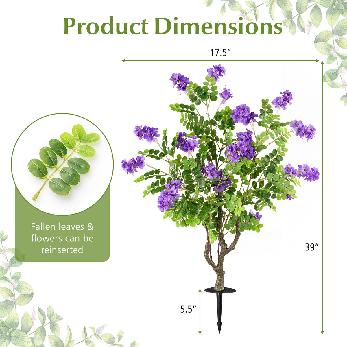 2 Pack Artificial Locust Flower Trees 39 Inch Fake Evergreen Shrubs with Ground Spikes-Purple-Artificial Plants-DECOROLALA