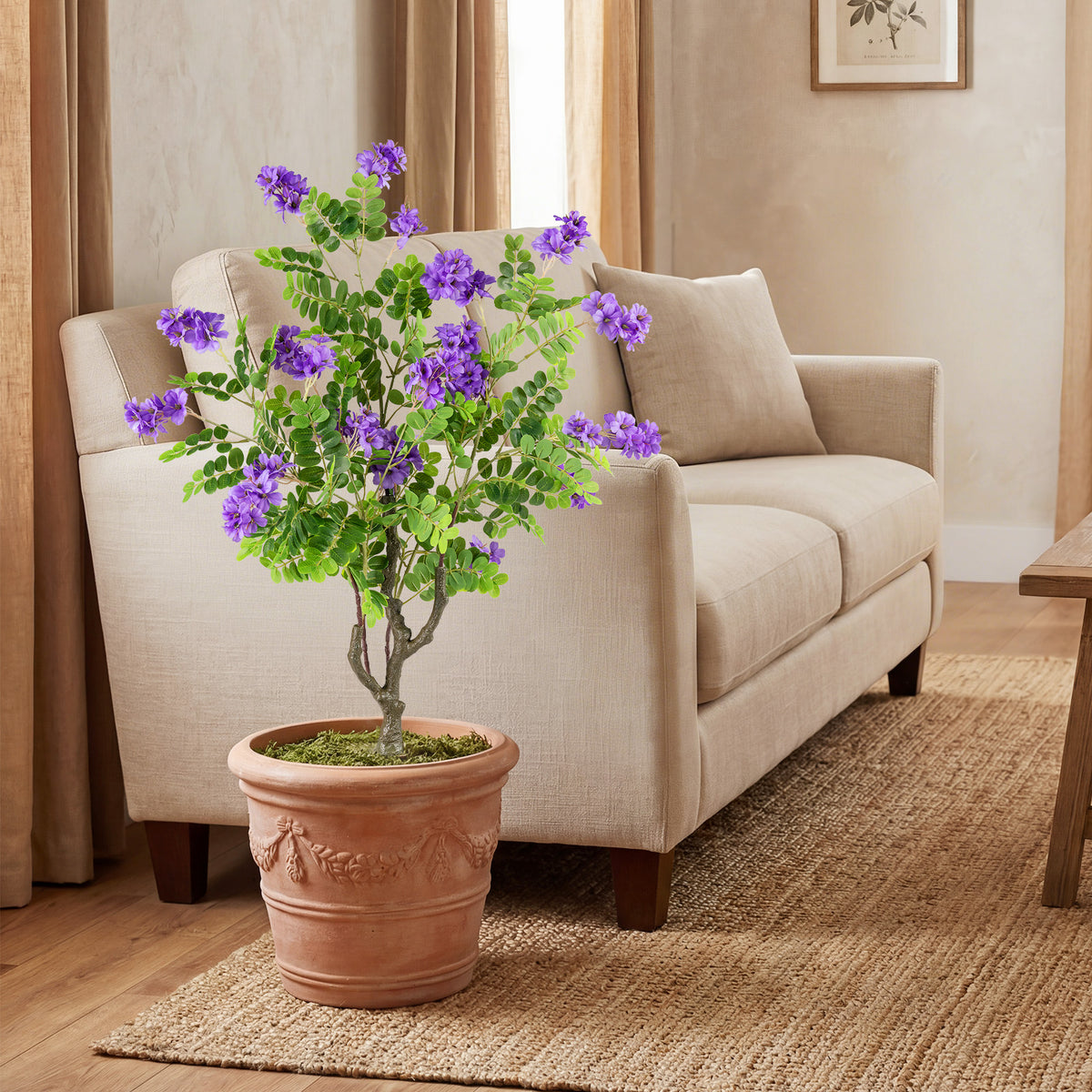 2 Pack Artificial Locust Flower Trees 39 Inch Fake Evergreen Shrubs with Ground Spikes-Purple-Artificial Plants-DECOROLALA